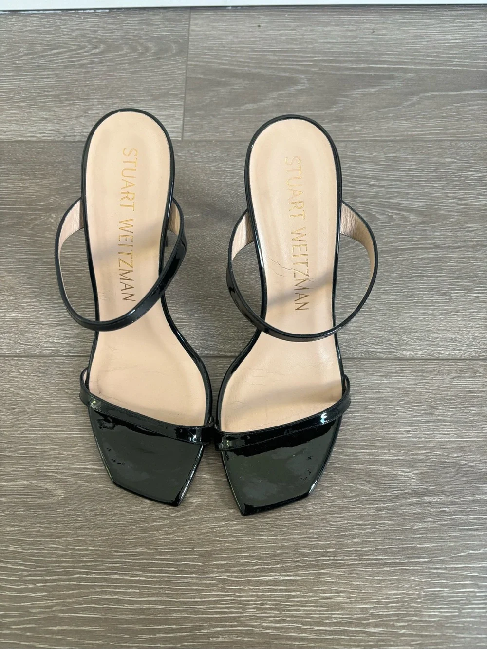 Stuart Weitzman Black Patent Square-Toe Slide Sandals